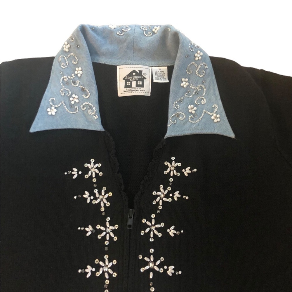 Storybook Knits Black Embellished Cardigan Sweater 1X Zip Beaded Denim Collar - Picture 2 of 6